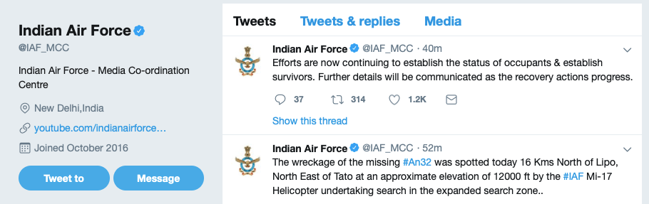 indian airforce twitter on AN-32 Wreckage Found