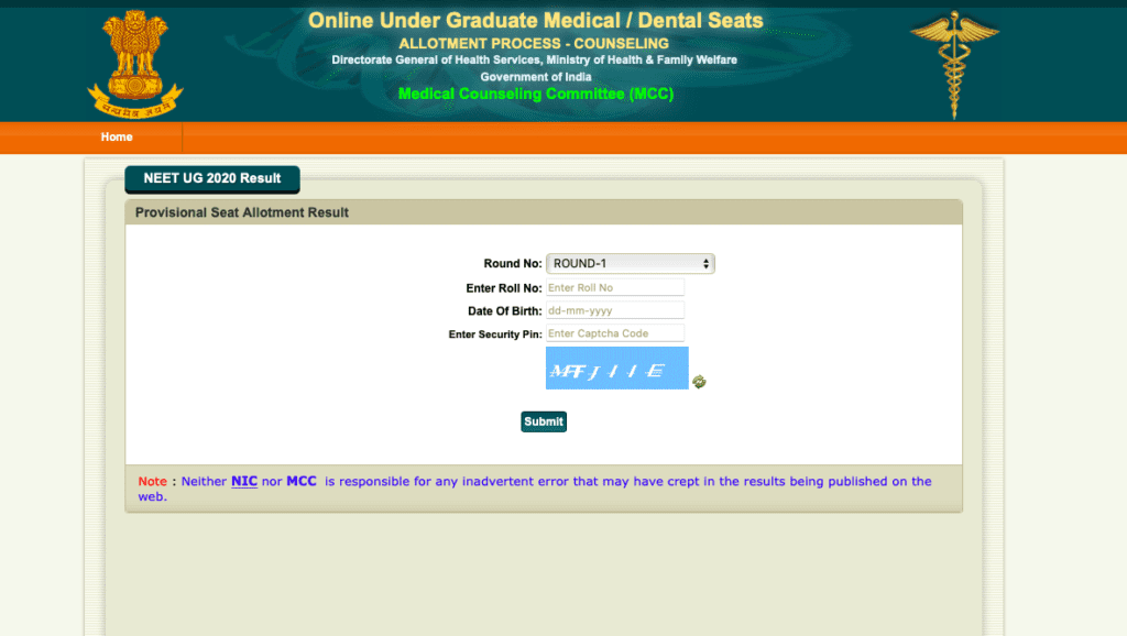 Counselling results for NEET 2020