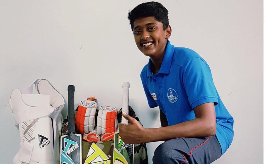 Sai Sudharsan posing with his cricketing instruments