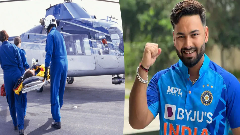 rishabh pant along side a photo of his being transferred to kokilaben hospital