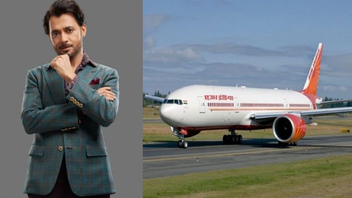 anupam mittal next to an air india plane